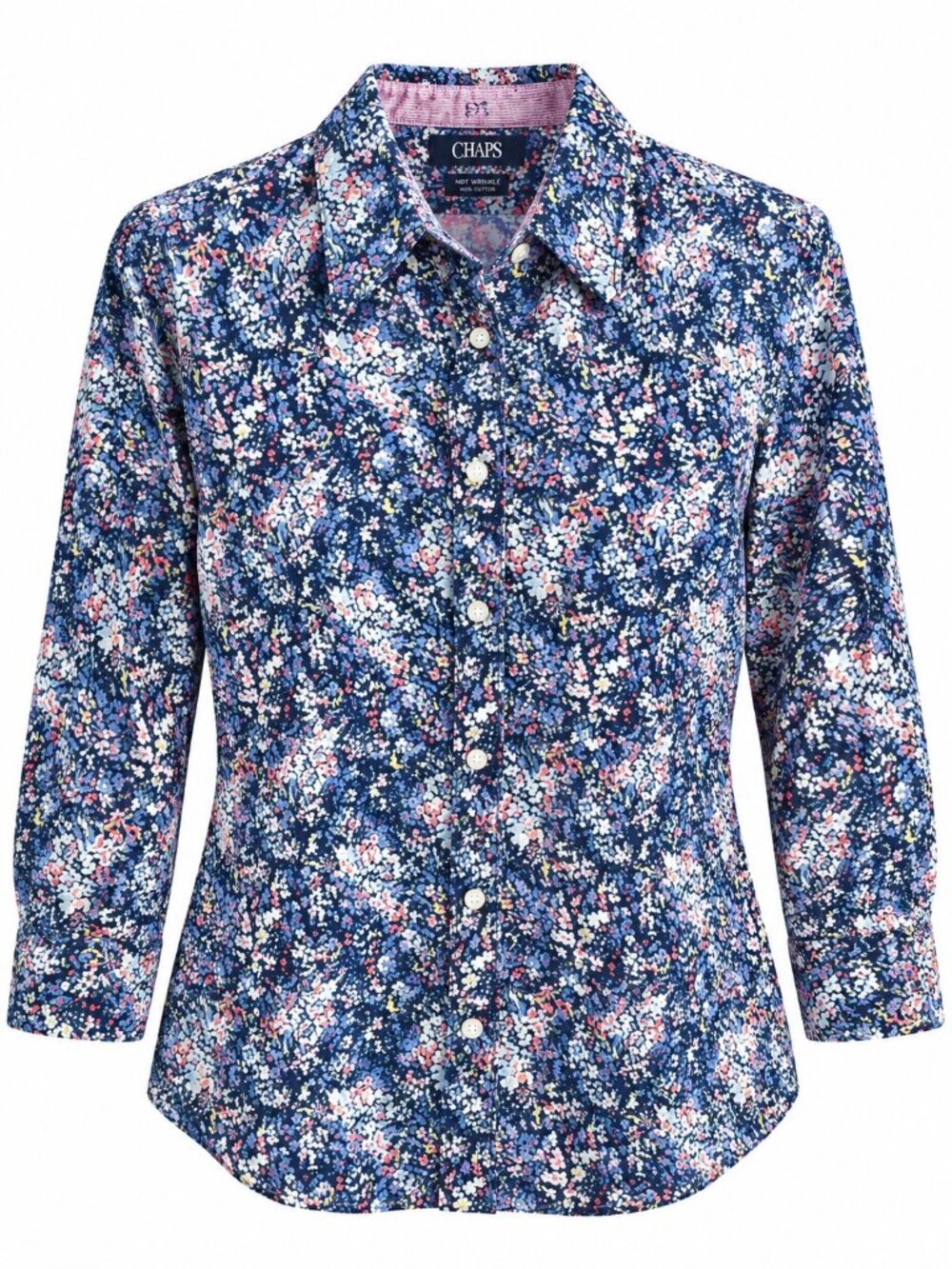 Chaps Womens Floral Button-Down Shirt No-Iron 3/4 Sleeve Blue Multi Size M